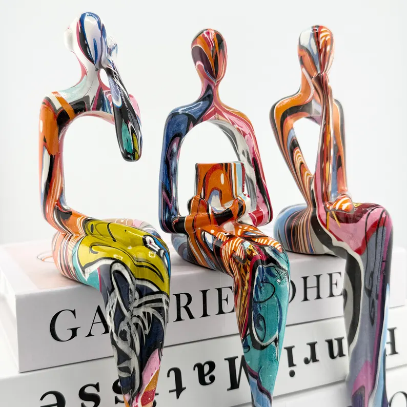 Abstract Pop Art Sculptures - Thinking, Reading & Hearing Figurines for Modern Desk and Bookshelf Decor