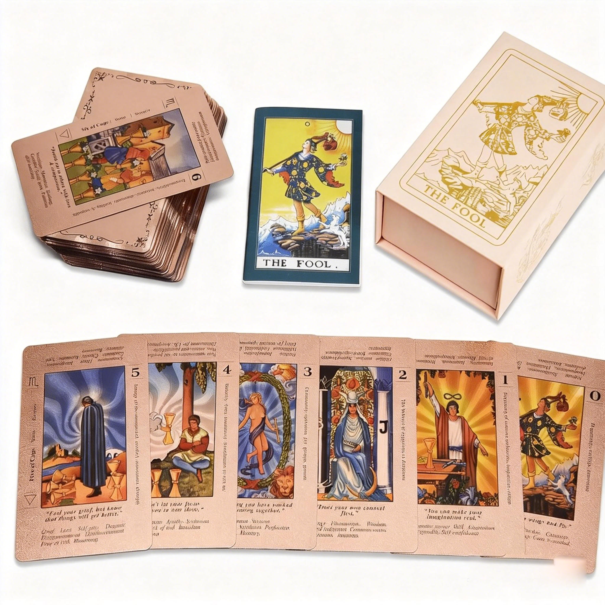 Rose Gold Tarot Cards – 78 Waterproof Foil Deck + Beginner Guidebook for Chakra & Zodiac, Durable & Wrinkle-Resistant