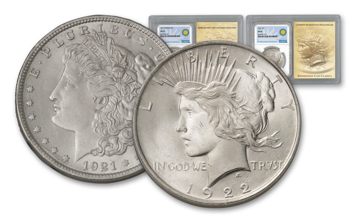 1921-1922-P Morgan & Peace Silver Dollars NGC MS64 Smithsonian Classics 2pc Set