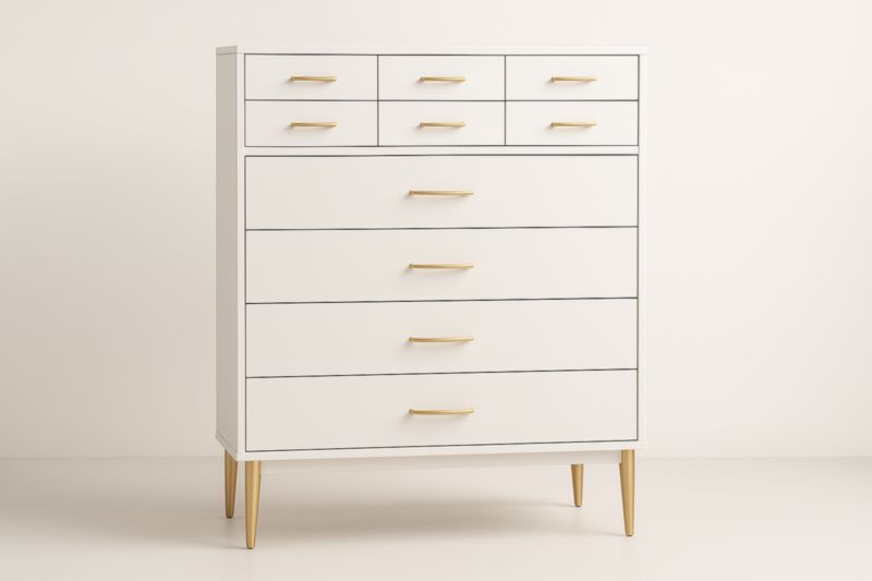 Cassettiera Alta Legno Bianco 10 Cassetti con Piedini Metallo Oro-Xenorital