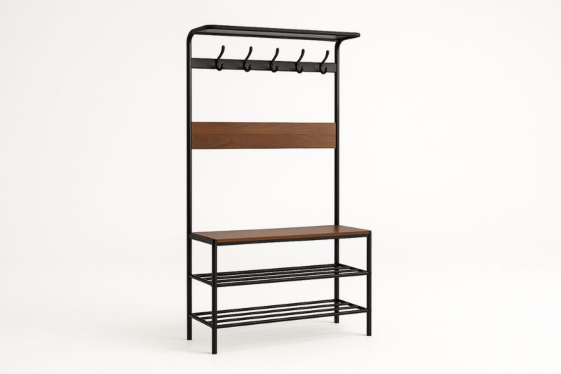 Appendiabiti con Panchina e Scarpiera Legno e Metallo Nero e Marrone-Xenorital