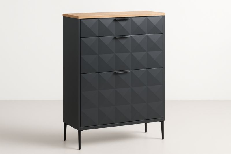 Cassettiera in MDF Nero con Dettagli Geometrici-Xenorital