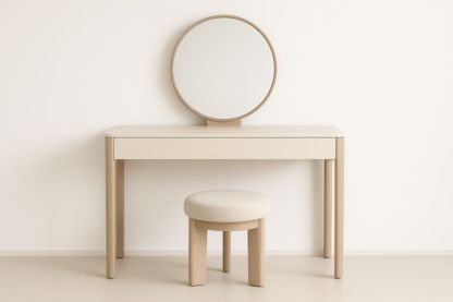 Toletta in legno con specchio rotondo e sgabello in tessuto beige-Xenorital