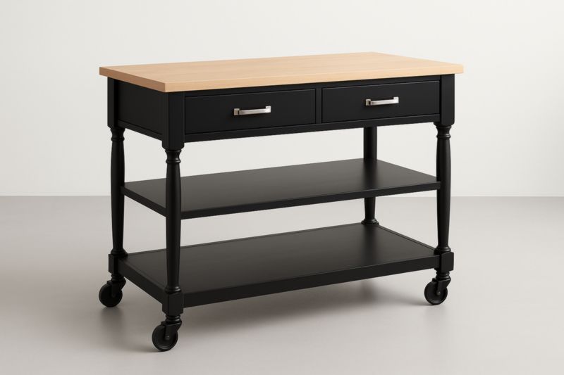 Carrello Cucina Nero con Piano in Legno di Pino e Cassetti-Xenorital