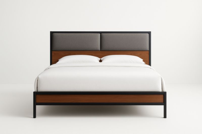 Letto in legno e metallo con testiera imbottita grigia-Xenorital