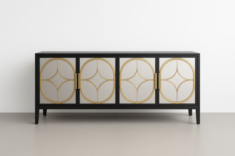 Credenza moderna in legno con ante a specchio dorato, 160x45x75 cm-Xenorital
