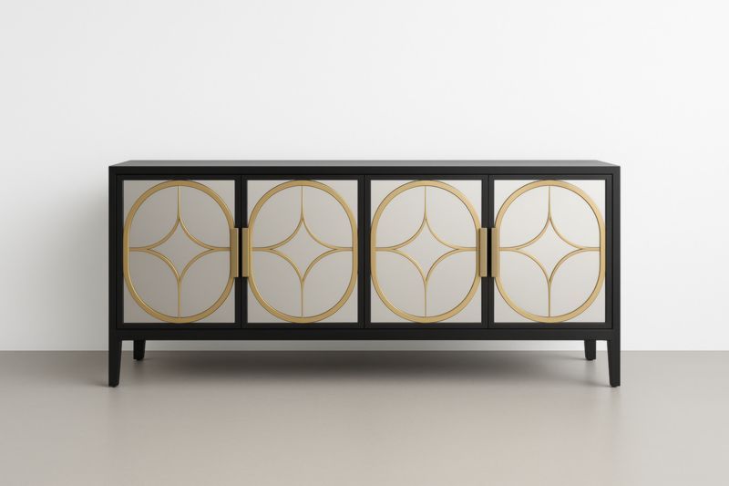 Credenza moderna in legno con ante a specchio dorato, 160x45x75 cm-Xenorital