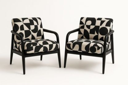 Set Poltrone in Tessuto Geometrico Bianco e Nero con Struttura in Legno-Xenorital