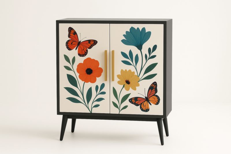 Credenza in MDF decorata con fiori e farfalle-Xenorital