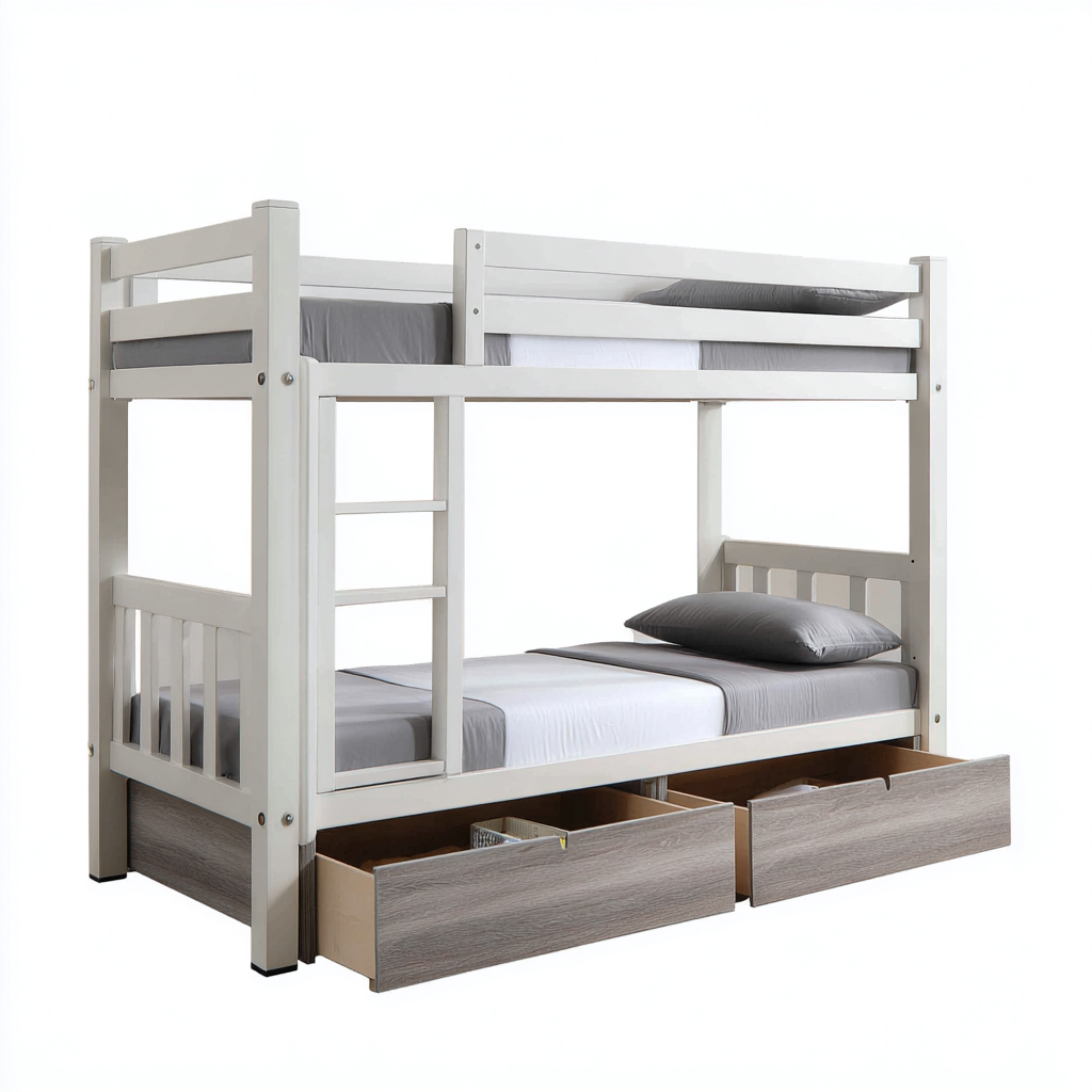 Lit superposé-bois massif-panneaux MDF-204x106x165 cm-blanc-gris bois-style moderne-Placidla