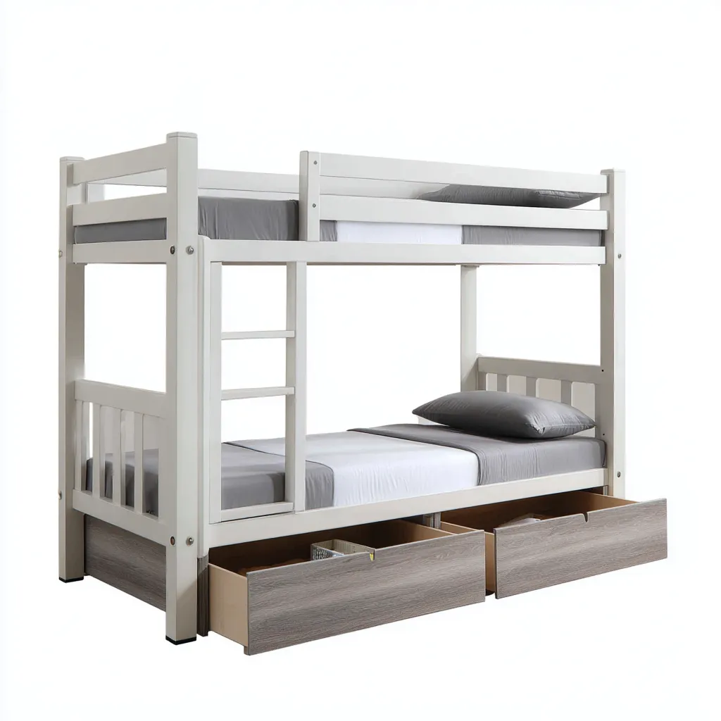 Lit superposé-bois massif-panneaux MDF-204x106x165 cm-blanc-gris bois-style moderne-Placidla