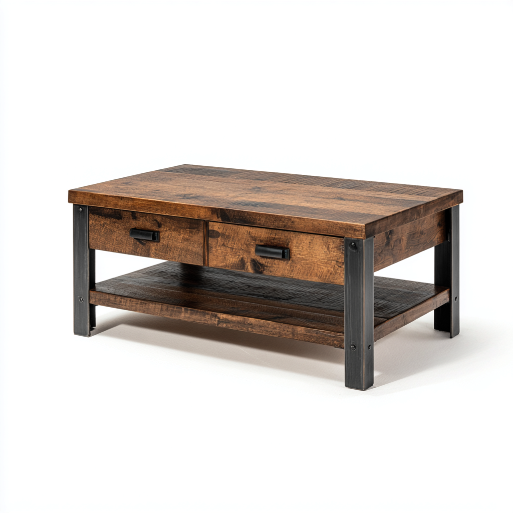 Table basse-bois-métal-110x60x46 cm-Brun-Noir-style industriel-Placidla