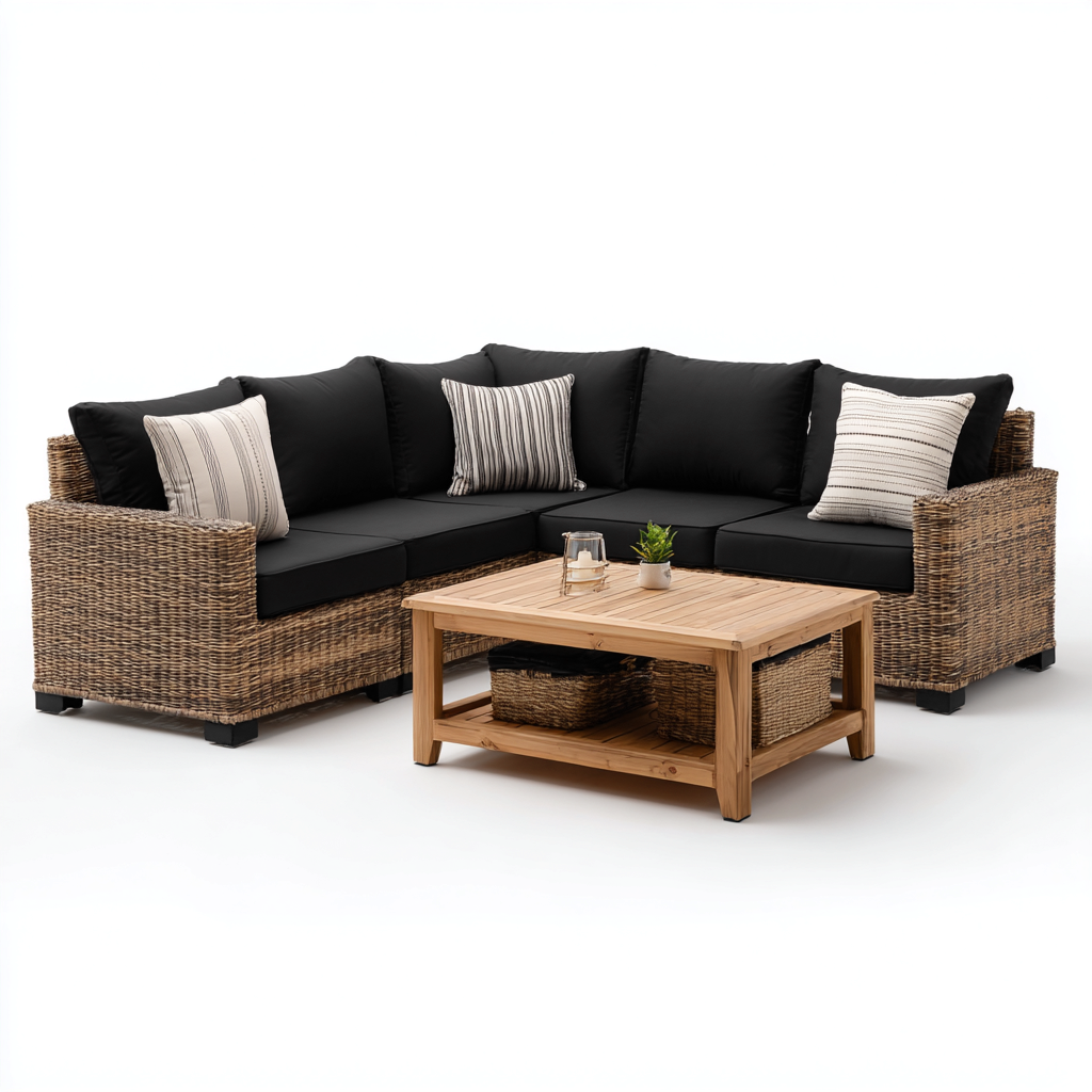 Canapé de jardin-rotin PE-bois massif-230x180x70 cm-noir-naturel-style contemporain-Placidla