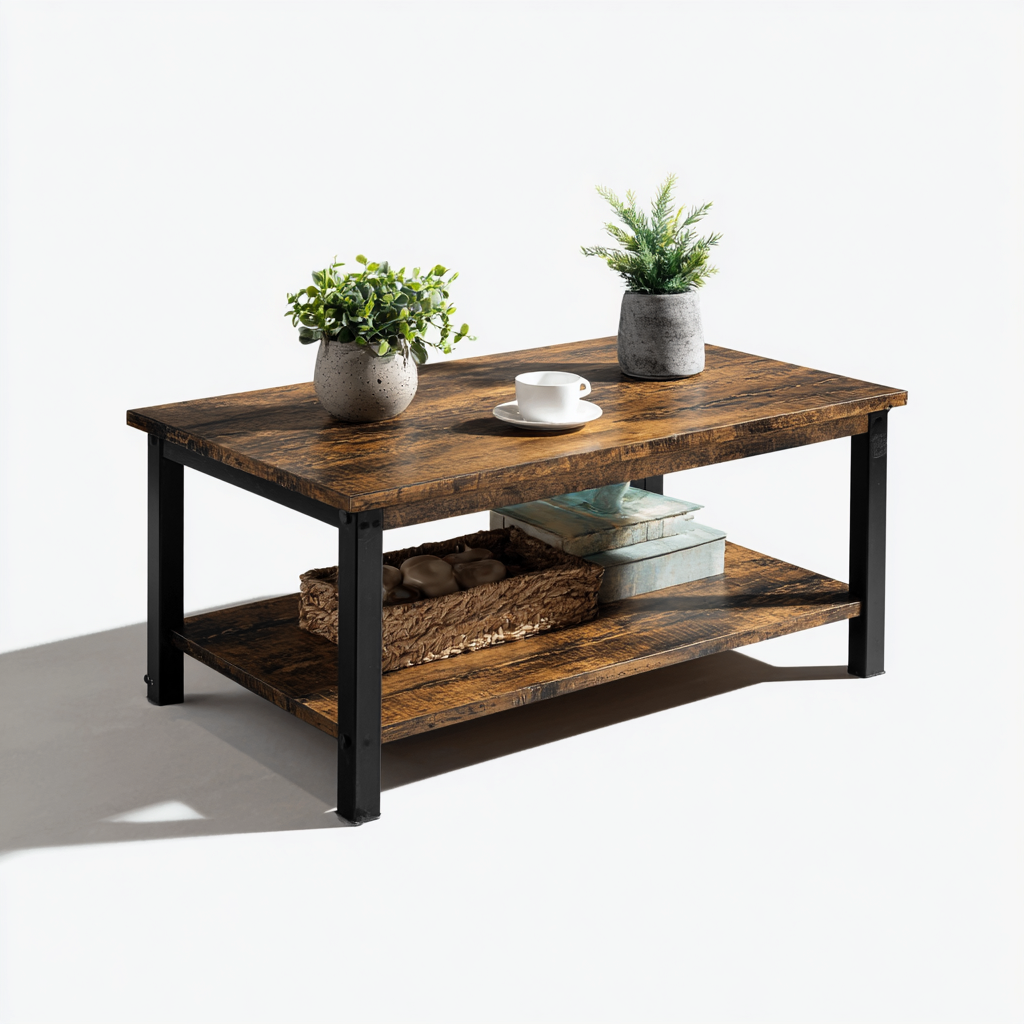 Table basse-bois-métal-110x60x45 cm-Brun-Noir-style industriel-Placidla