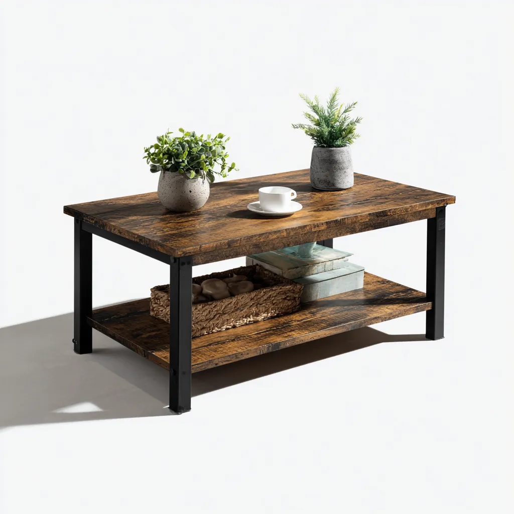 Table basse-bois-métal-110x60x45 cm-Brun-Noir-style industriel-Placidla