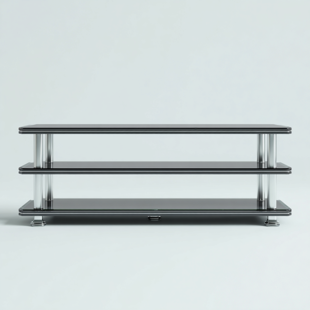 Meuble TV-verre-métal-120x40x50 cm-Noir-Transparent-Argent-style moderne-Placidla