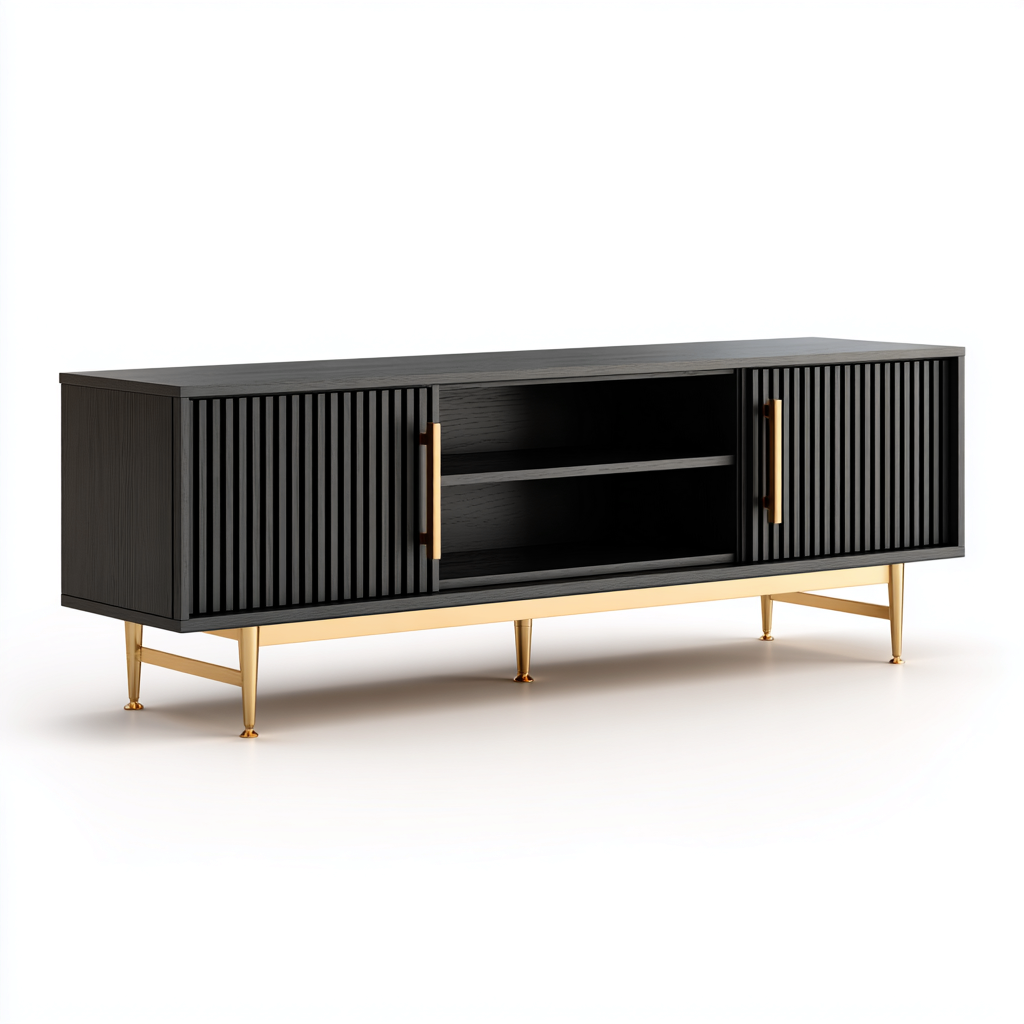 Meuble TV-bois-métal-170x42x60 cm-Noir-Or-style moderne-Placidla