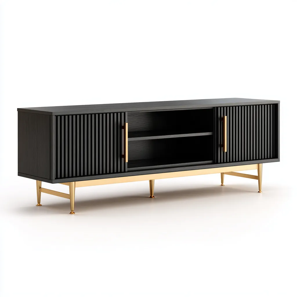 Meuble TV-bois-métal-170x42x60 cm-Noir-Or-style moderne-Placidla