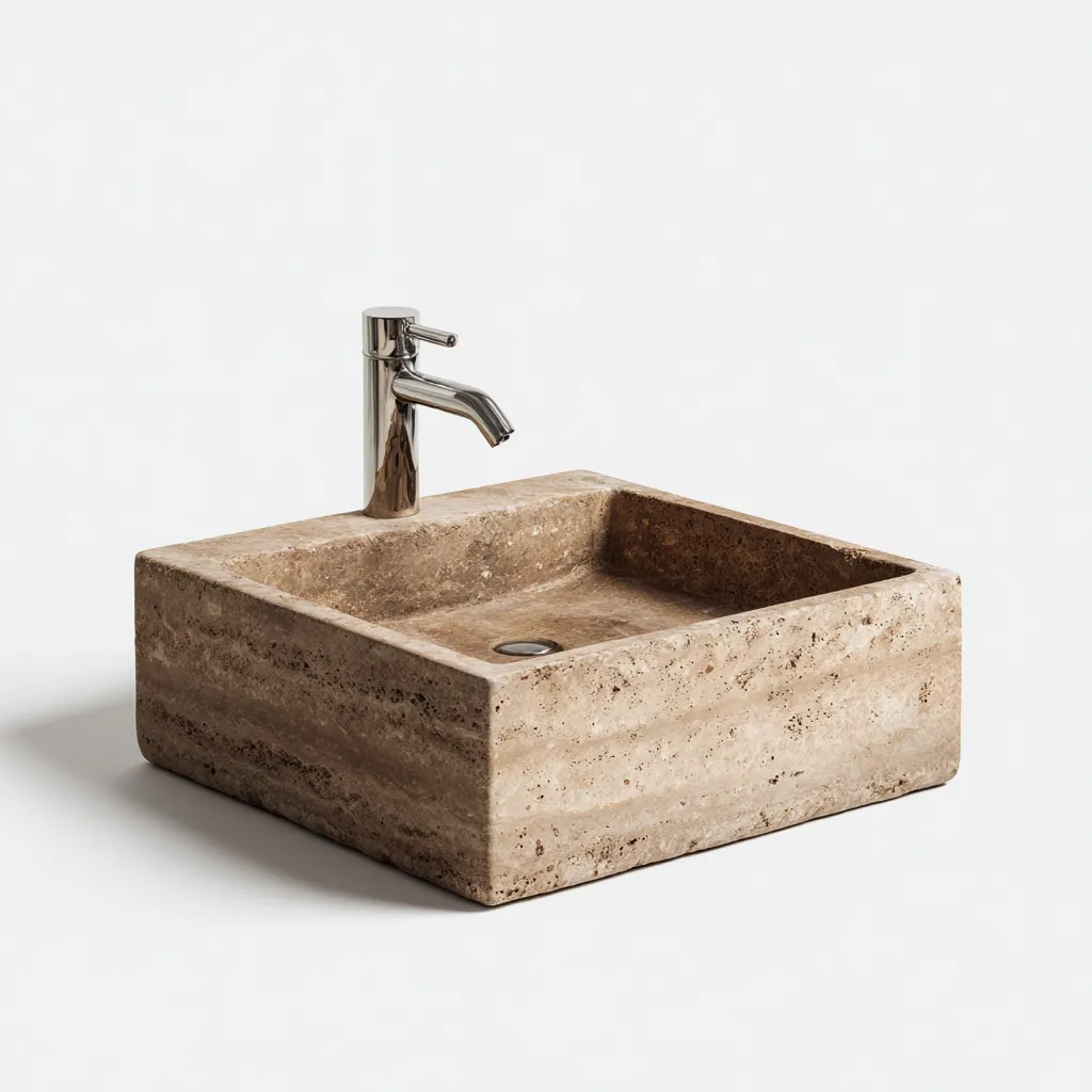 Lavabo - travertin - 38x38x14 cm - beige - style contemporain-Placidla