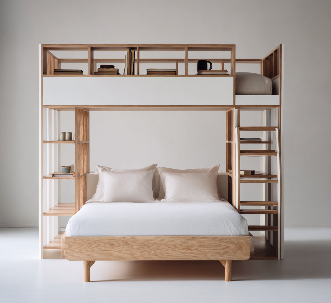 Lit superposé-bois massif-panneaux MDF-230x160x210 cm-blanc-bois naturel-style moderne-Placidla