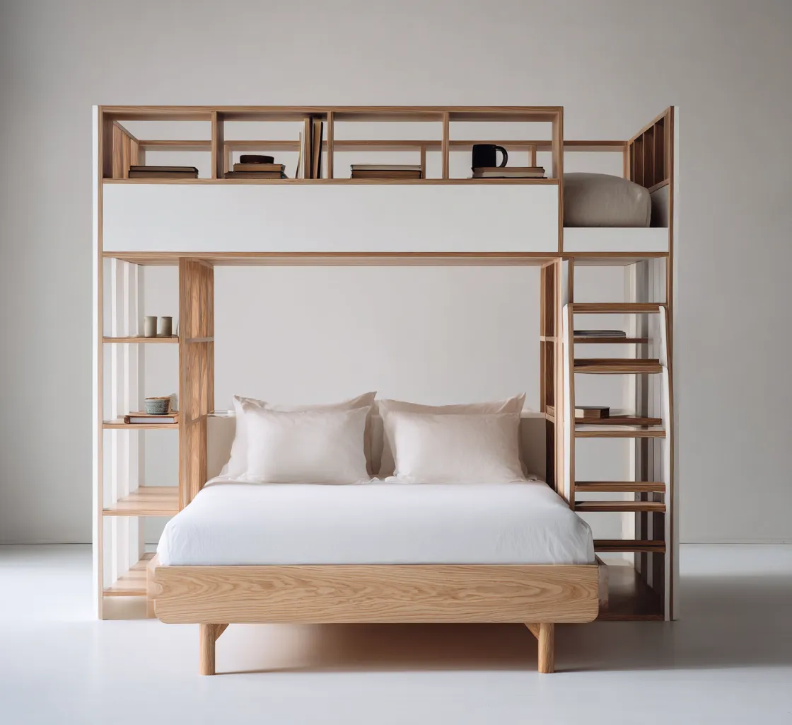 Lit superposé-bois massif-panneaux MDF-230x160x210 cm-blanc-bois naturel-style moderne-Placidla