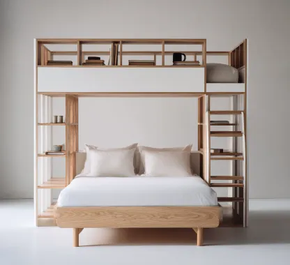 Lit superposé-bois massif-panneaux MDF-230x160x210 cm-blanc-bois naturel-style moderne-Placidla