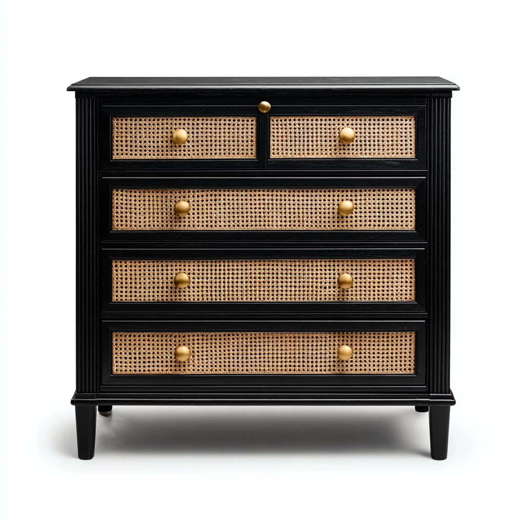 Commode - bois-rotin - 90x40x100 cm - noir-naturel-doré - style classique-Placidla