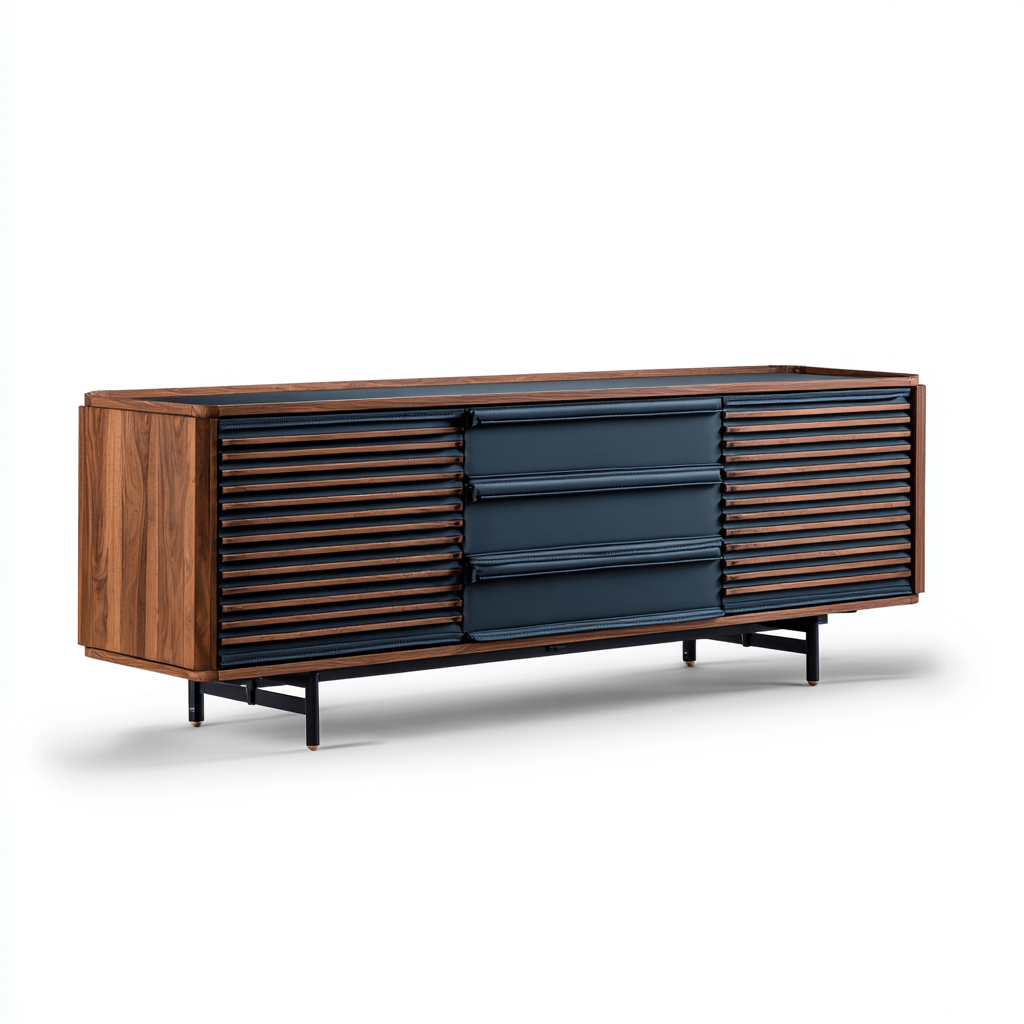 Meuble TV-bois-métal-tissu-170x45x60 cm-Marron-Bleu Foncé-Noir-style contemporain-Placidla