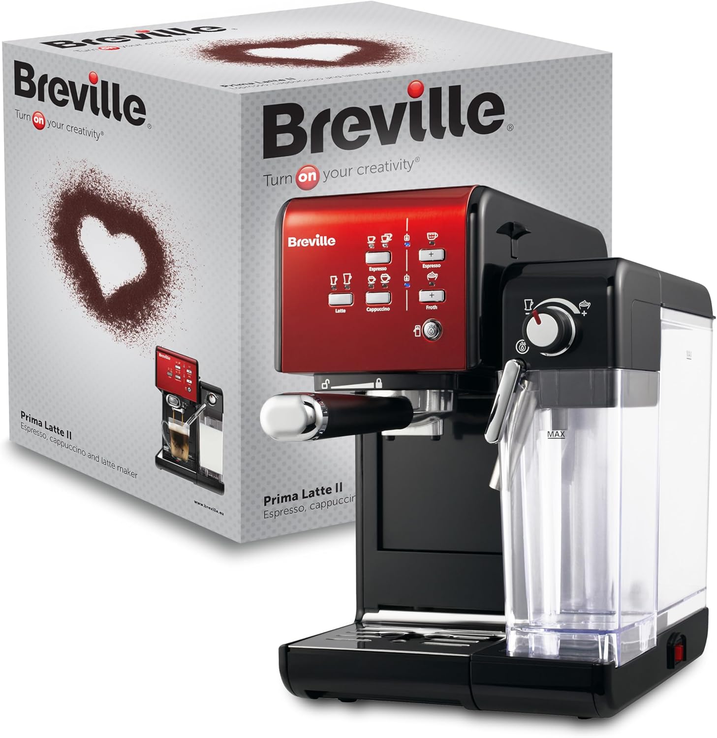 Breville Prima Latte II Espresso - Cafetera para latte y capuchino - Bomba profesional de 15 bares y espumador - Rojo VCF109X-Sereneano