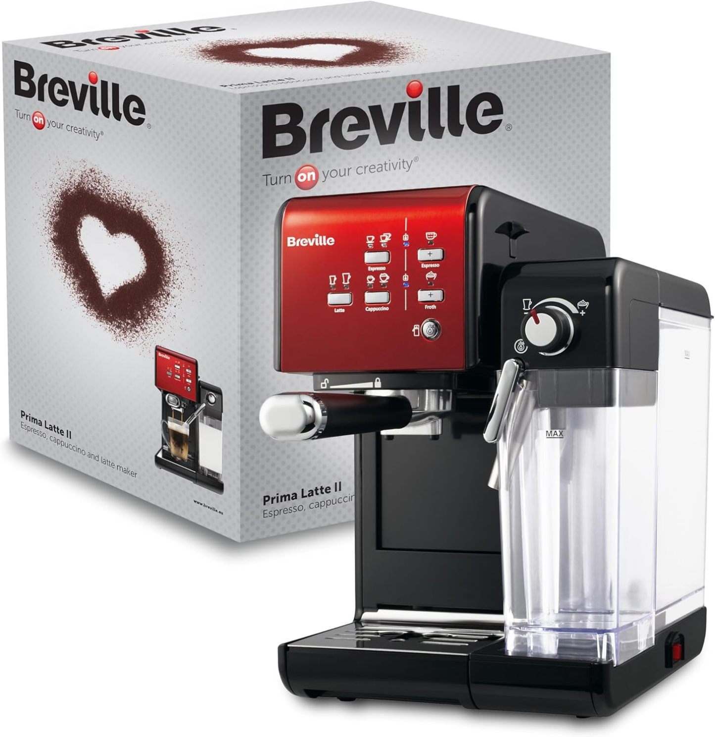 Breville Prima Latte II Espresso - Cafetera para latte y capuchino - Bomba profesional de 15 bares y espumador - Rojo VCF109X-Sereneano
