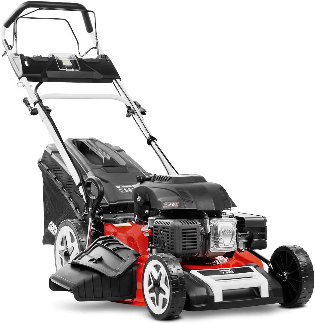 GREENCUT GLM880XE - Cortacésped Gasolina 224cc 7.5cv, Arranque eléctrico Motor 4T autopropulsado, Acero Doble Filo 530mm 21", Regulable, Capacidad 65L, para Jardines Grandes o medianos 2000m2-Sereneano