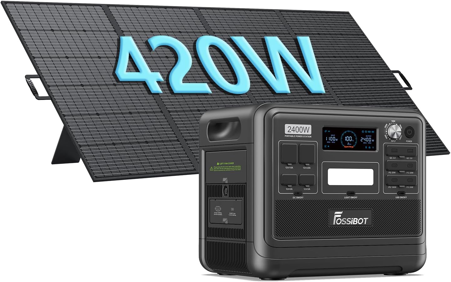 FOSSiBOT F2400 Generador Solar Portatil, Paneles Solares de 420W, Salida de 2400W CA 4800W Pico, Batería LiFePO4 de 2048Wh, Carga del 80 en 1,5 Horas, Estacion de Energia Portatil para Camping-Sereneano