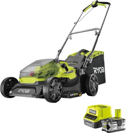 RYOBI Cortacésped Inalámbrico 18V One Ancho 37cm, 6 Alturas, EasyEdge y Mulching - Batería 4.0Ah, Cargador y Recogedor 45L-Sereneano