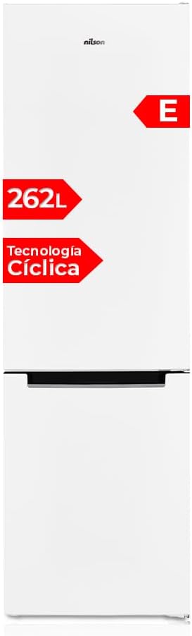 NILSON Frigorífico Combi 2 Puertas Blanco NC185500E. Capacidad 262 Litros, Puerta Reversible, Bajo Nivel Sonoro, Eficiencia Energética Clase E-Sereneano