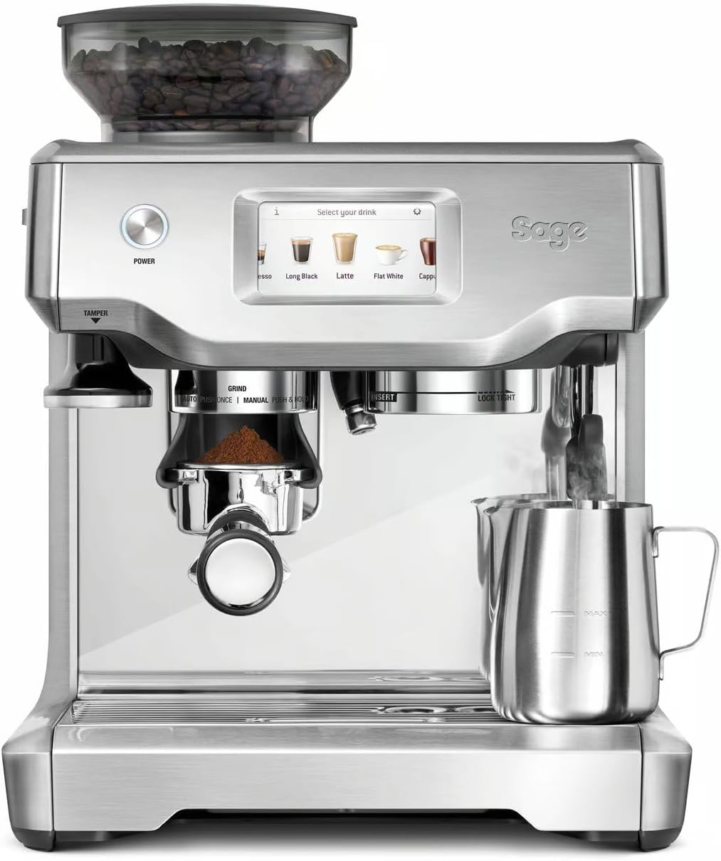 Sage - The Barista Touch -Cafetera Profesional con Pantalla Táctil, Molinillo Incorporado y Espumador de Leche -Prensador Extraíble, 5 Preajustes - Máquina de Café Espress - Acero Inoxidable Cepillado-Sereneano