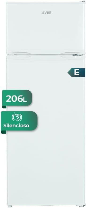 SVAN Frigorífico 2 Puertas Blanco SF145501E. Capacidad 206 Litros, Puerta Reversible, Bajo Nivel Sonoro, Eficiencia Energética Clase E-Sereneano