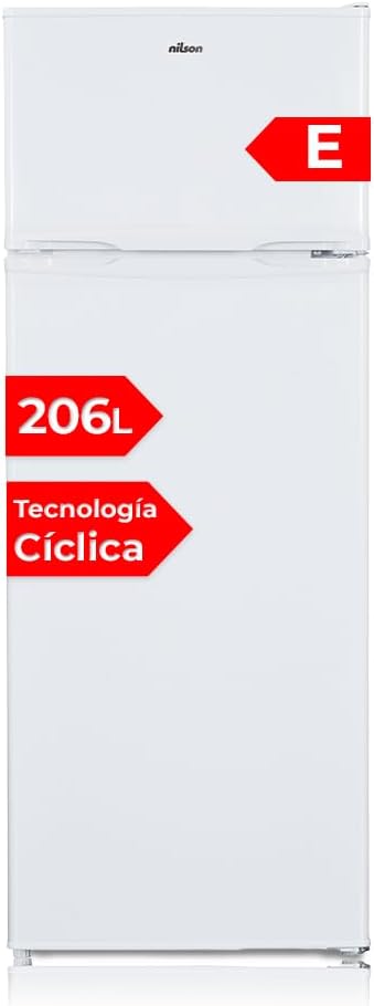 NILSON Frigorífico 2 Puertas Blanco NF145500E. Capacidad 206 Litros, Puerta Reversible, Bajo Nivel Sonoro, Eficiencia Energética Clase E-Sereneano