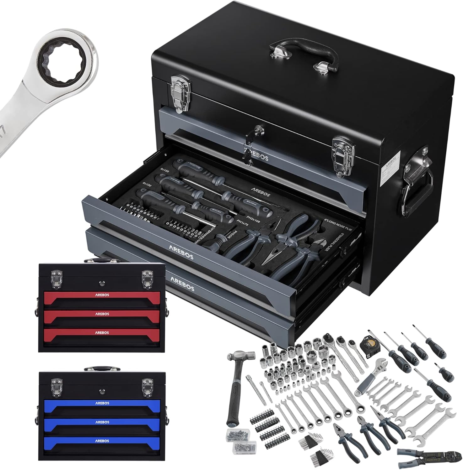 Arebos Caja de Herramientas Incl. Juego de Herramientas de 172 Piezas de Cromo vanadio - para el hogar, Garaje y Taller - Caja de Herramientas Equipada con 3 cajones - con Cerradura-Sereneano