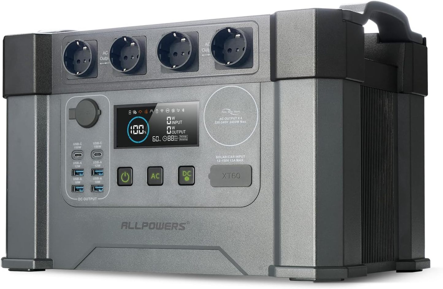 ALLPOWERS 2400W Estación de energía portátil S2000 Pro batería portátil LiFePo4 de 1451Wh generador solar de salida de CA 4x2400W con MPPT y SAI menos de 15ms S2000 PRO-Sereneano