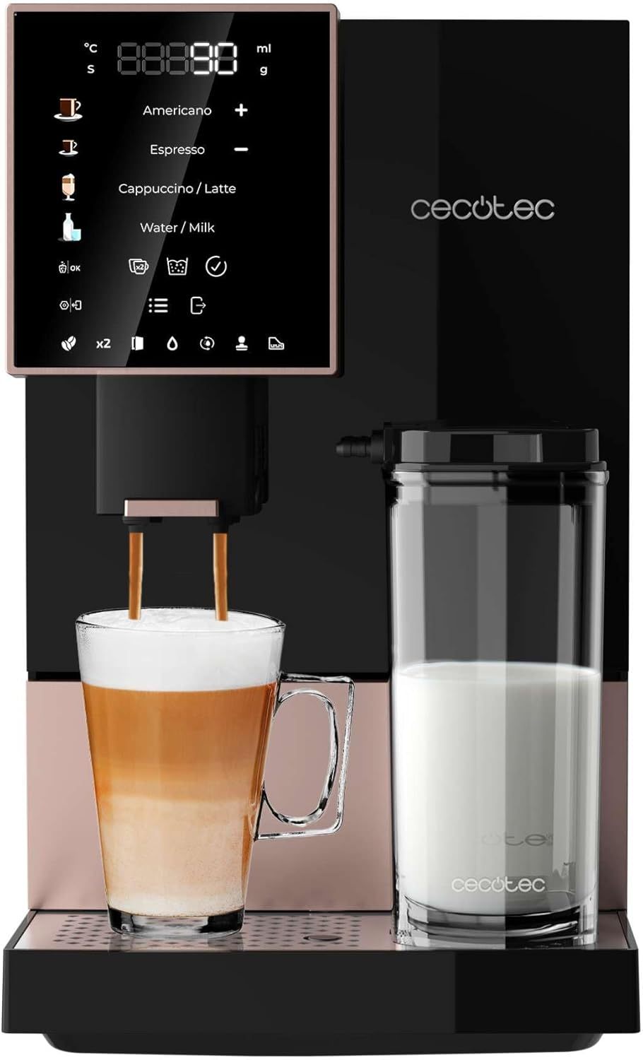 Cecotec Cafetera Superautomática Cremmaet Compactccino Black Rose, 19 Bares, Sistema Thermoblock, Grano recién molido con Plug Play, Depósito 150gr café con molinillo, 1,1 L agua, 400ml leche-Sereneano