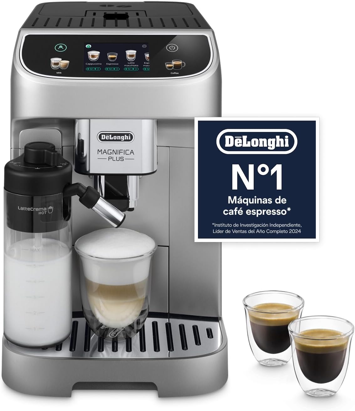 DeLonghi Magnifica Plus- Perfetto Cafetera Superautomática, LatteCrema Jarra de leche automática, 18 Bebidas One-Touch, Pantalla Táctil a Color, Plata y Negro ECAM322.70.SB-Sereneano