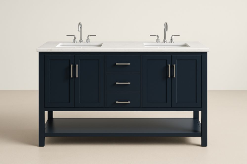 Mobile da Bagno Doppio Lavabo in Marmo e Legno Blu 152x56x90 cm-Lenorivlo