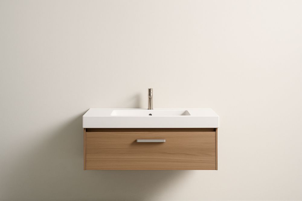Lavabo sospeso rettangolare in ceramica bianco con base in legno MDF-Lenorivlo