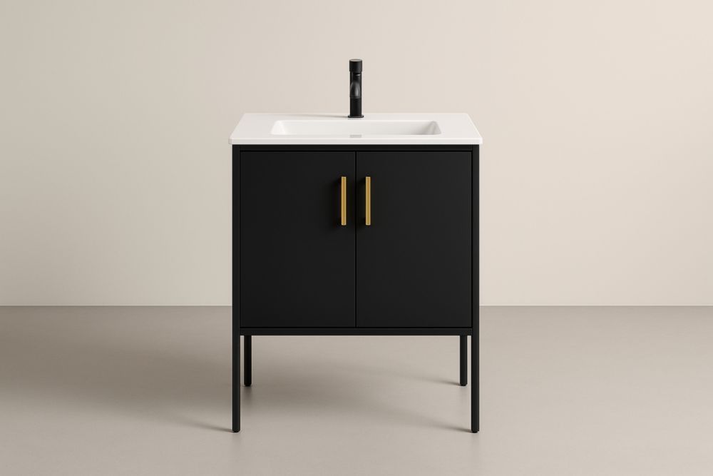 Mobile bagno nero con lavandino in ceramica rettangolare 60x45x80 cm-Lenorivlo