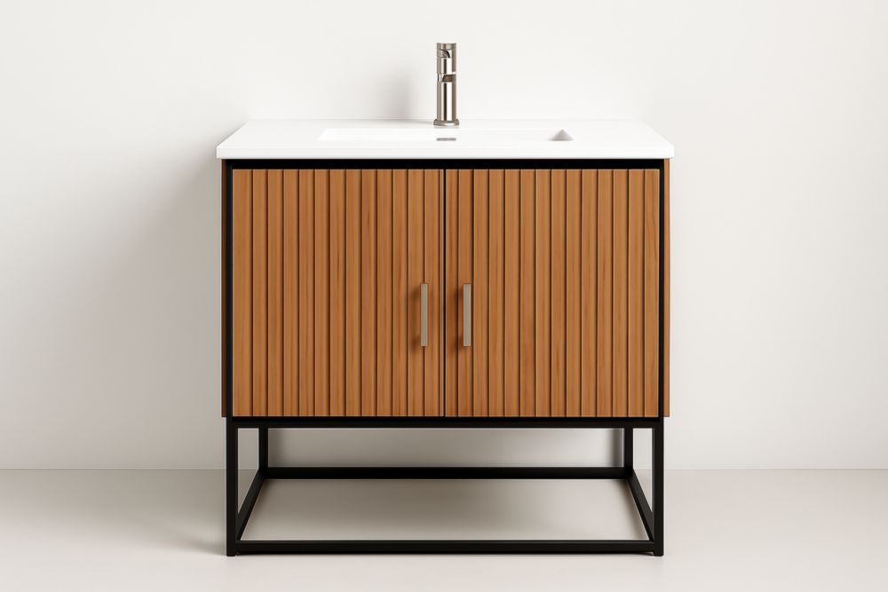 Mobile bagno in legno e metallo con lavabo rettangolare  lunghezza 80 cm marrone/nero-Lenorivlo