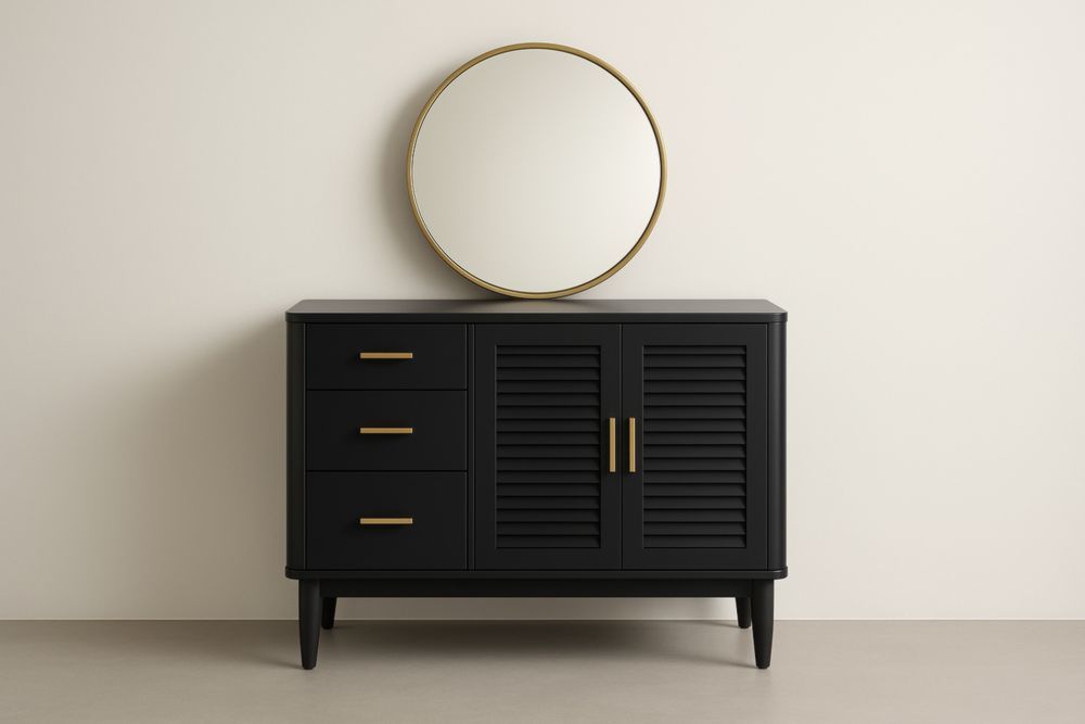 Credenza in Legno Nero con Specchio e Maniglie Dorate-Lenorivlo