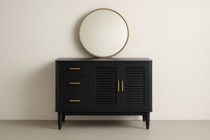 Credenza in Legno Nero con Specchio e Maniglie Dorate-Lenorivlo