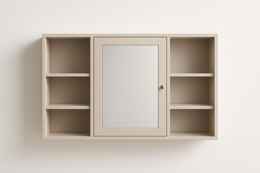 Mobile da bagno sospeso in MDF Beige con Specchio e Scaffali-Lenorivlo
