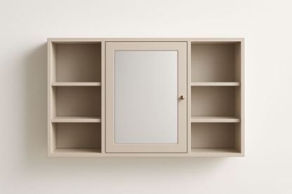 Mobile da bagno sospeso in MDF Beige con Specchio e Scaffali-Lenorivlo
