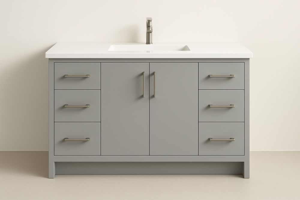 Mobile bagno grigio in legno composito con lavandino in resina integrato, sei cassetti e due ante-Lenorivlo